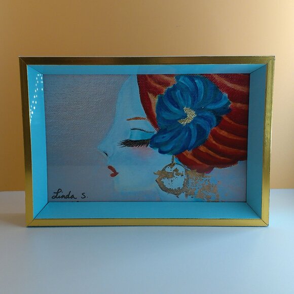 Girl with Red Turban 4x6 Art print within a new light blue/gold wood Frame - Picture 1 of 6